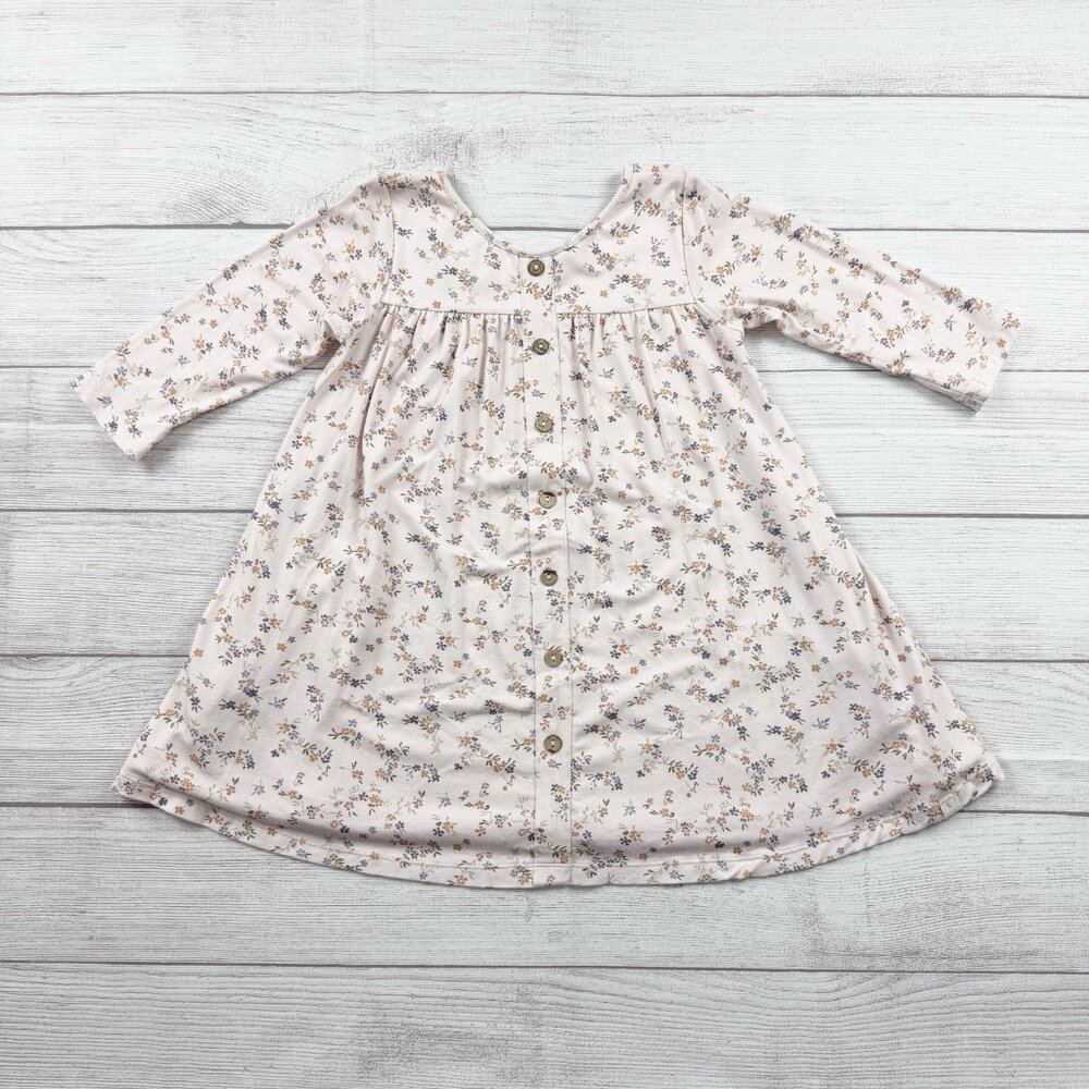 Omi Jo Girls Floral Swing Dress Cream Long Sleeve Button Front Viscose 6